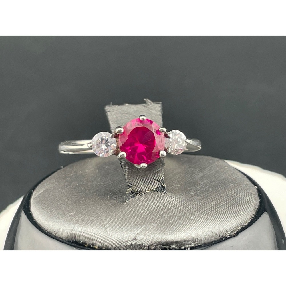 Sterling Silver Lab Ruby Three Stone Ring Size 8 Pink Red Corundum CZ Accent